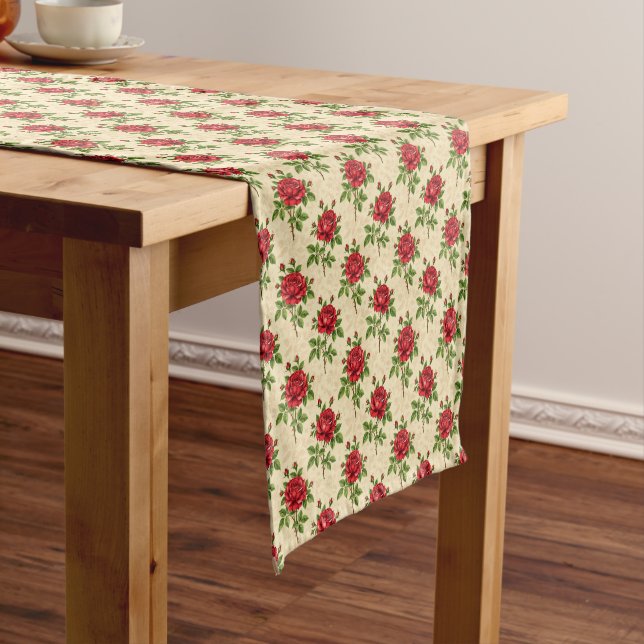 Red rose vintage pattern short table runner (In Situ)