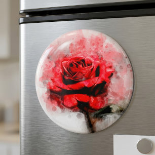 Red Rose Watercolor Art on White Background Magnet