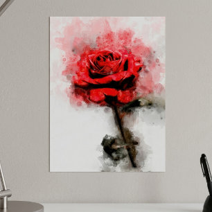 Red Rose Watercolor Art on White Background Poster