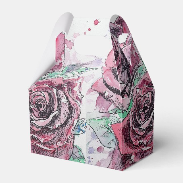 Red Rose Watercolor Art Party Cake Favor Box (Front Side)