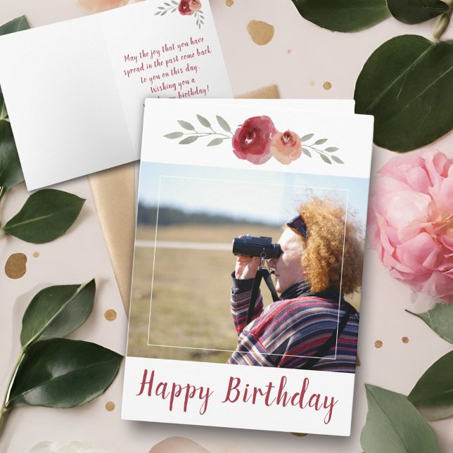 Red Rose Watercolor Birthday Photo Floral Card (Creator Uploaded)
