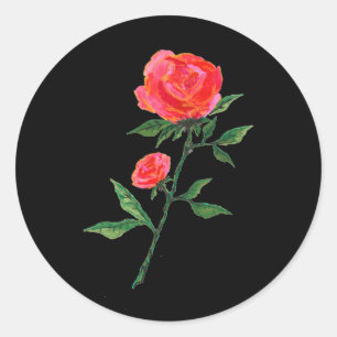 Red Rose Watercolor Black Classic Round Sticker