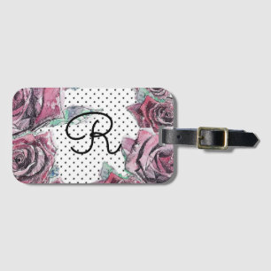 Red Rose Watercolor dot Womans Initial Luggage Tag