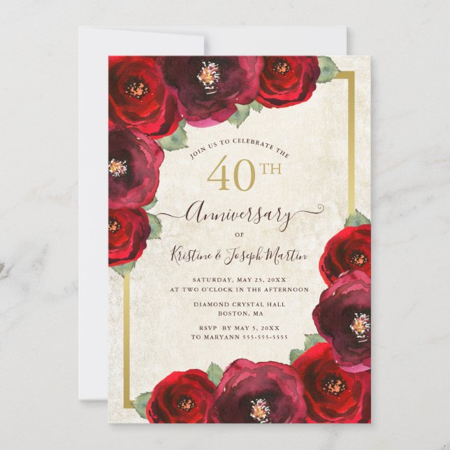 Red Rose Watercolor Floral Gold 40th Anniversary Invitation (Front)