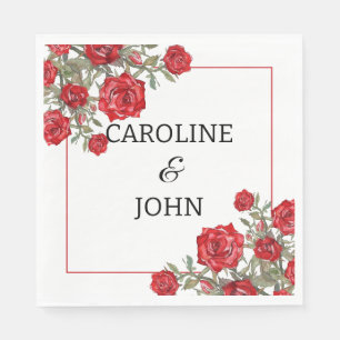 Red Rose Watercolor Floral Red Border Wedding  Napkin