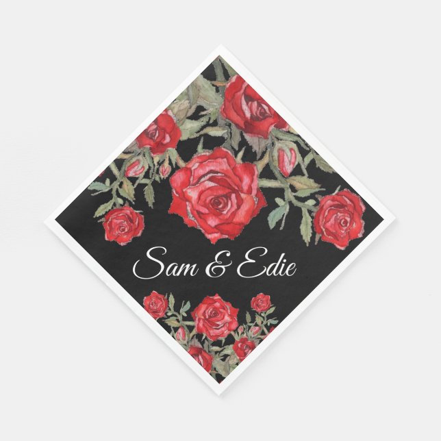Red Rose Watercolor Floral Wedding Elegant Name Napkin (Corner)