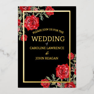 Red Rose Watercolor Floral Wedding  Foil Holiday Card