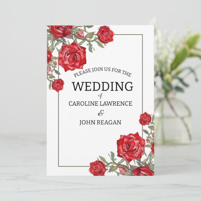Red Rose Watercolor Floral Wedding  Invitation (Standing Front)