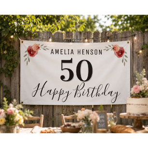 Red Rose Watercolor Flower Floral 50th Birthday Banner