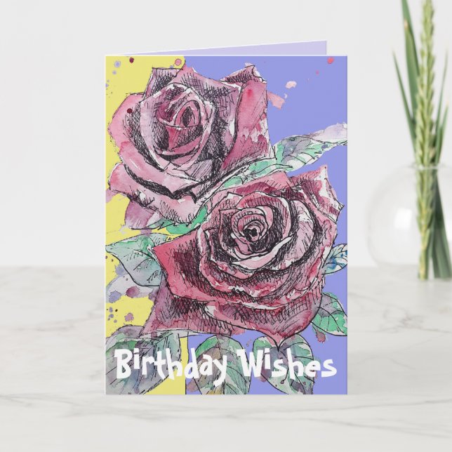 Red Rose Watercolor Flower Floral Birthday Card (Front)