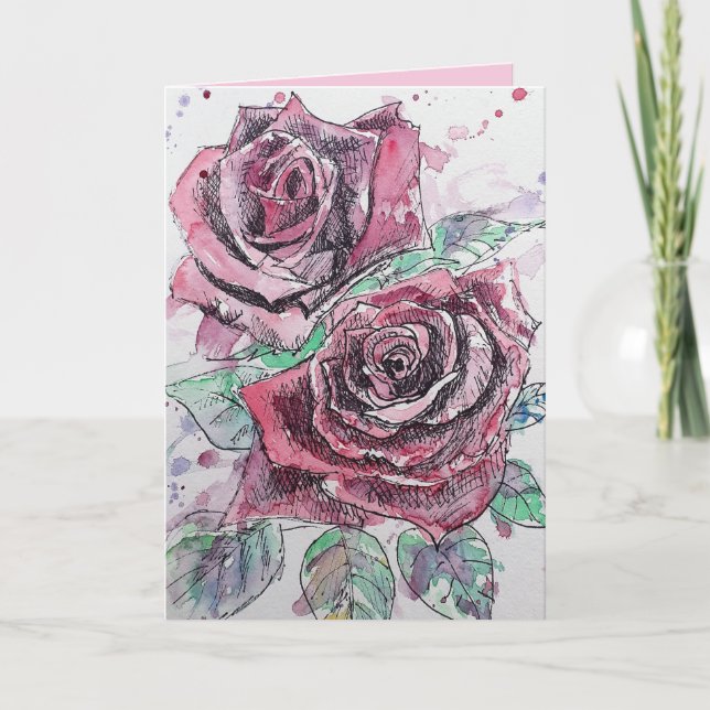 Red Rose Watercolor Flower Floral Birthday Card (Front)