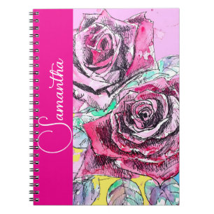 Red Rose Watercolor Flower Girls Name Floral Notebook
