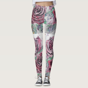 Red Rose Watercolor Flower Red Floral Leggings