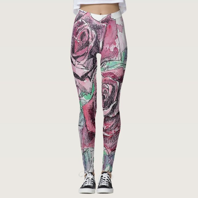 Red Rose Watercolor Flower Red Floral Leggings (Front)