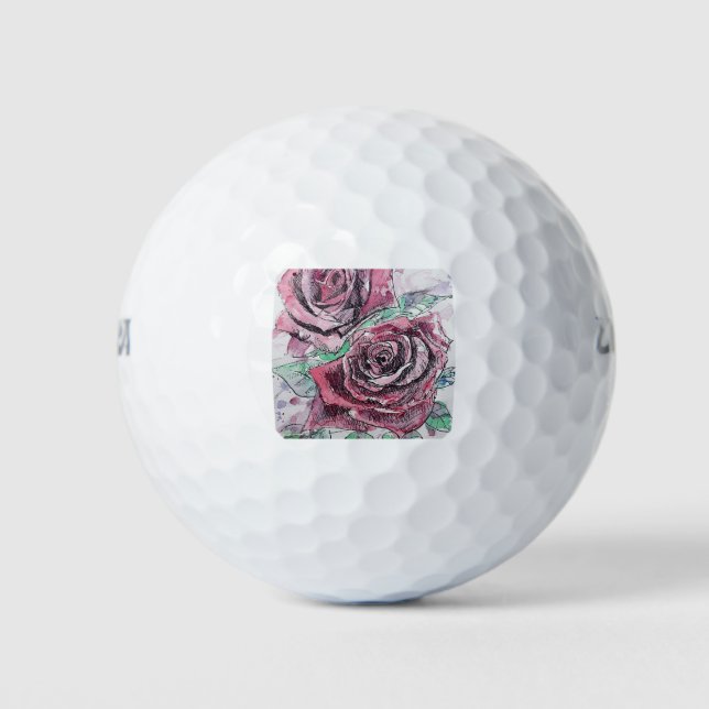 Red Rose Watercolor Flowers Floral Painting Golf Balls (Front)