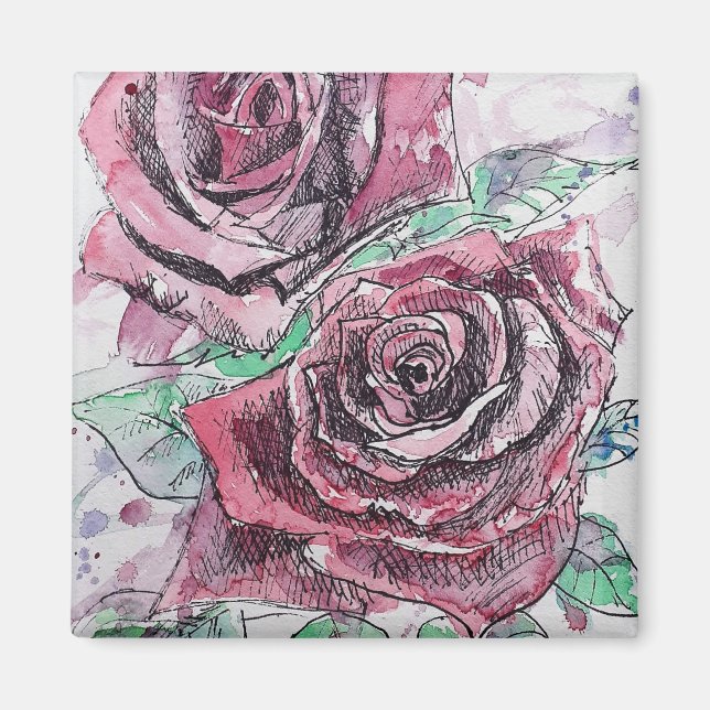 Red Rose Watercolor Flowers Floral Painting Magnet (Front)