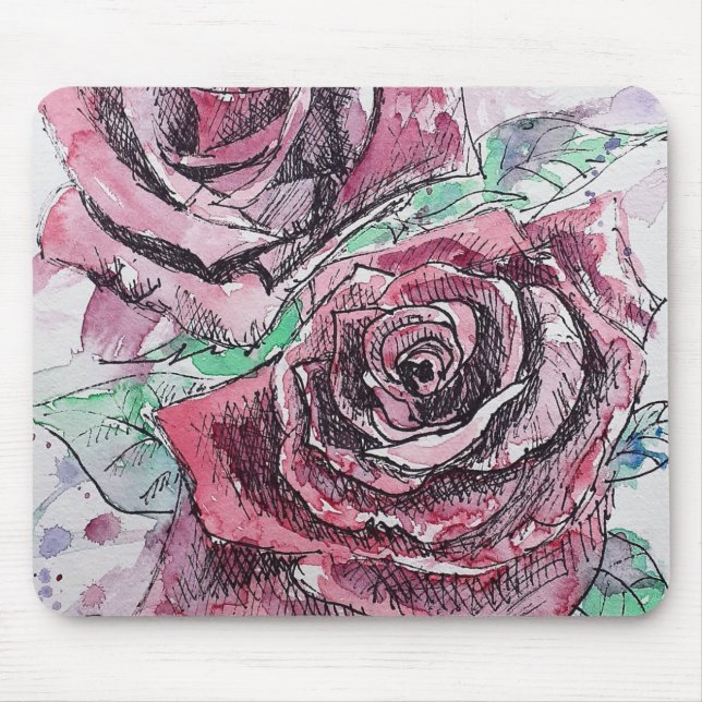 Red Rose Watercolor Flowers Floral Painting Mouse Mat (Front)