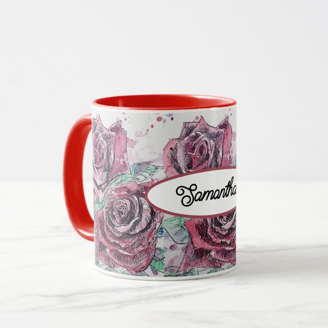 Red Rose Watercolor Flowers Floral Painting Mug (Front Left)