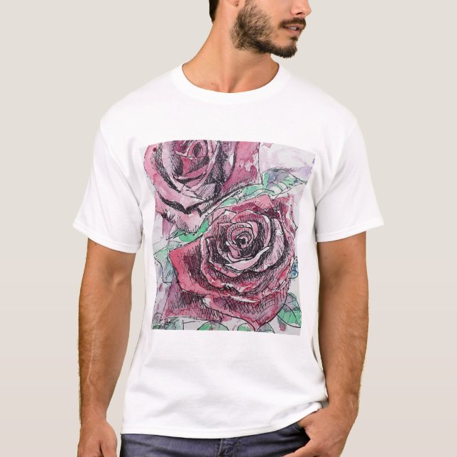 Red Rose Watercolor Flowers Floral Painting T-Shirt (Front)
