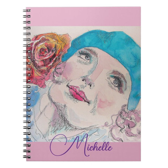 Red Rose Watercolor Girl Lilac Pink Girls Notebook (Front)