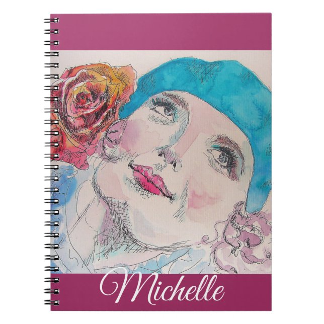 Red Rose Watercolor Girl Plum Pink Girls Notebook (Front)