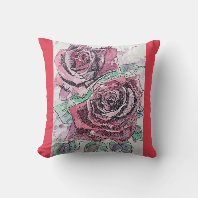Red Rose Watercolor Painting Flower Floral Cushion (Front)