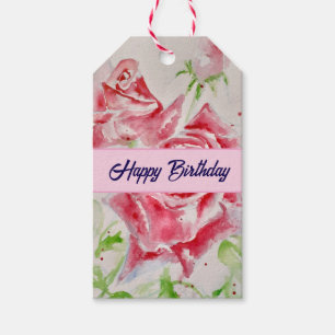 Red Rose Watercolor Roses Happy Birthday Gift Tag
