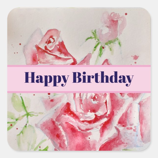 Red Rose Watercolor Roses Happy Birthday Square Sticker (Front)