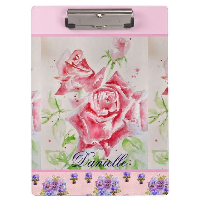 Red Rose Watercolor Roses Pink Floral Girls Clipboard (Front)