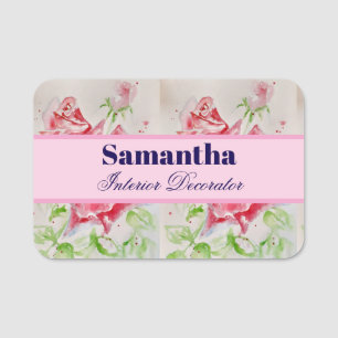 Red Rose Watercolor Roses Pink Floral Name Tag