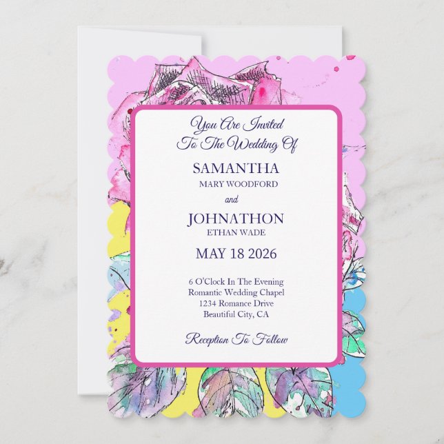 Red Rose Watercolor Roses Pink Wedding Invitation (Front)