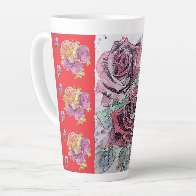 Red Rose Watercolor Viola Shabby floral Latte Mug (Left Angle)