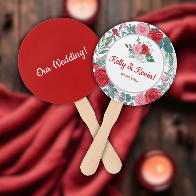 Red Rose Watercolor Wedding  Hand Fan (Red Rose Watercolor Wedding Hand Fan)