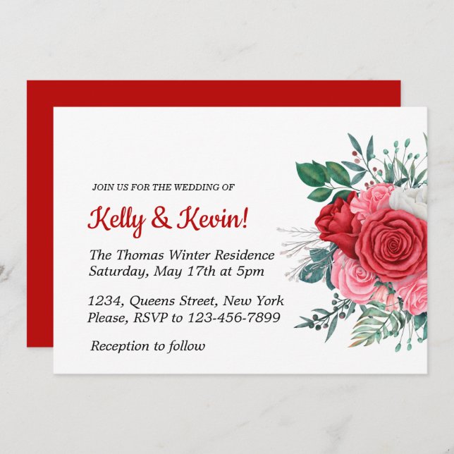Red Rose Watercolor Wedding  Invitation (Front/Back)