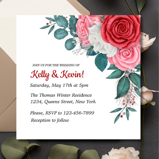 Red Rose Watercolor Wedding  Invitation (Creator Uploaded)