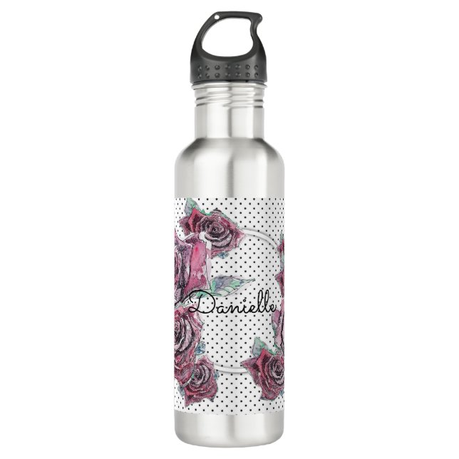 Red Rose Watercolor Womans Polka Dot Water Bottle (Front)