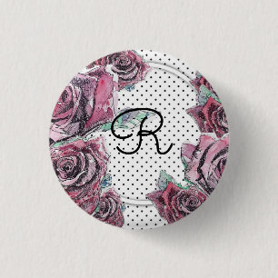 Red Rose Watercolour dot Womans Initial Badge