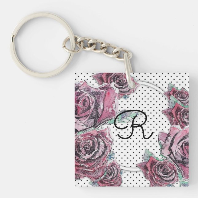 Red Rose Watercolour dot Womans Initial Keyring (Front)
