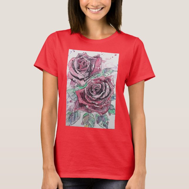 Red Rose Watercolour Ink Painting art T Shirt (Front)