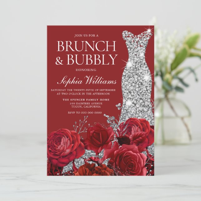 Red Rose Wedding Dress Brunch Bubbly Bridal Shower Invitation (Standing Front)