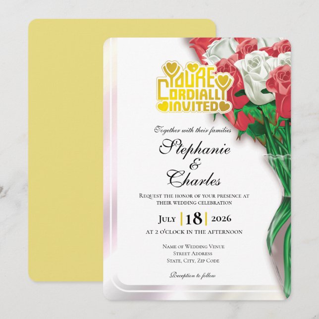Red Rose Wedding Invitation - Gold Lettering 3 (Front/Back)