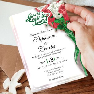 Red Rose Wedding Invitation - Green Lettering 2
