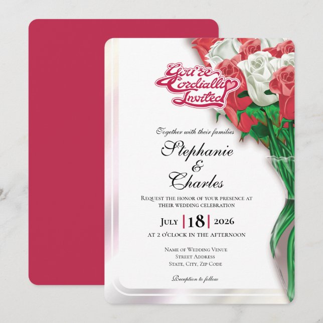 Red Rose Wedding Invitation - Red Lettering 1 (Front/Back)