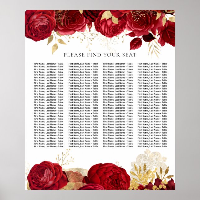 Red Rose Wedding or Quinceanera Seating Chart (Front)