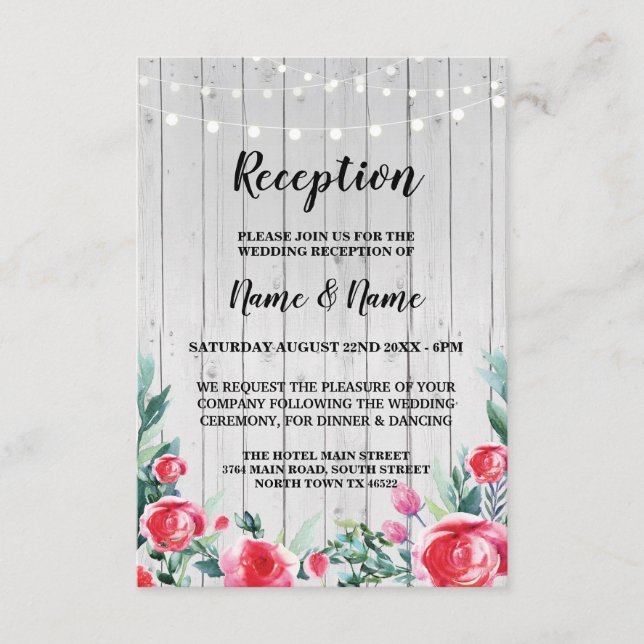 Red Rose Wedding Reception Cards Grey Wood Flowers (Front)