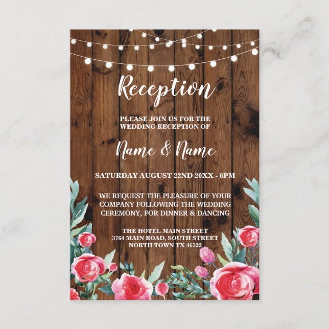 Red Rose Wedding Reception Cards Wood Pink Flowers (Front)