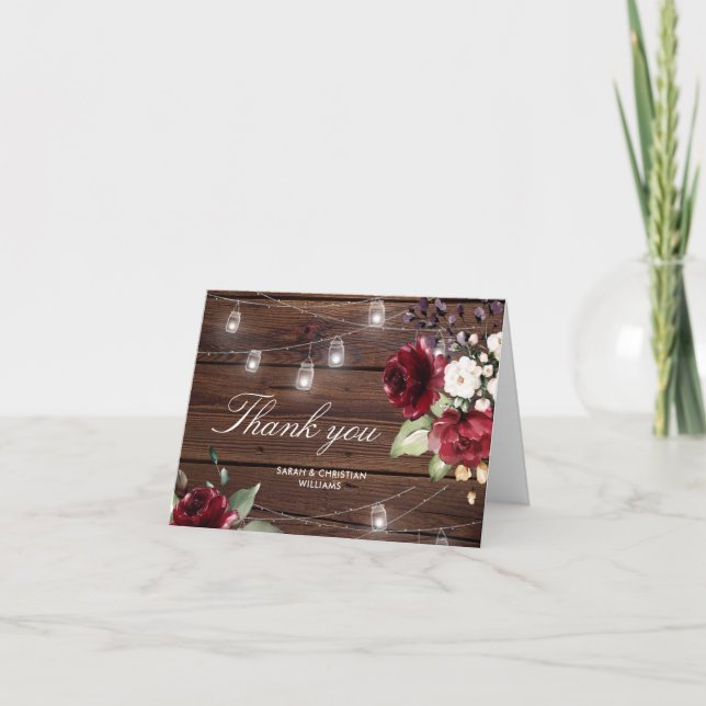 Red Rose Wedding Rustic Wood Thank You Card (Front)