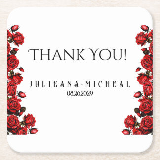 Red rose wedding  square paper coaster