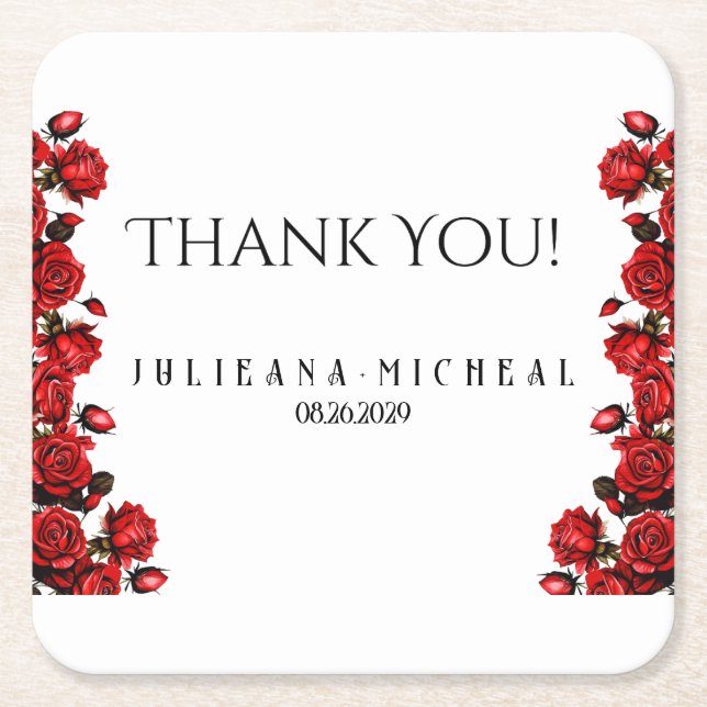 Red rose wedding  square paper coaster (Front)