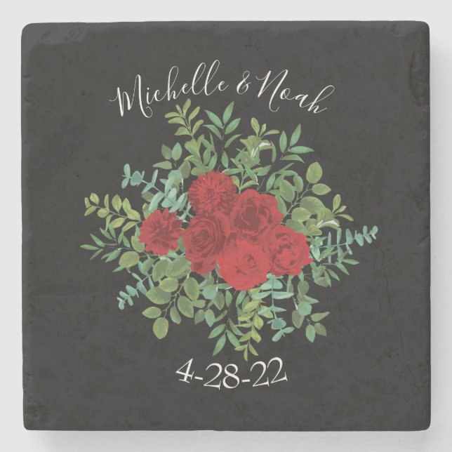 Red Rose Wedding Stone Coaster (Front)